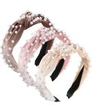 Velvet Vintage Pearls Headband Set - 3 Piece Twisted Hair Hoop for Women in Beige, Pink, Pale Mauve - Stylish Hair Accessories - Buy Online on GoSupps.com
