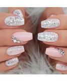 24 pieces of nails to stick out coffin medium white pink French tip artificial nails press on nails full cover natural acrylic fingernails artificial nails with rhinestones for women and girls - Buy Online on GoSupps.com