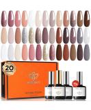 Modelones 24 Pcs Gel Nail Polish Set 20 Colors Nude Pink White Nail Polish Neutral Brown Glitter Gel Polish Set with Bond Primer Glossy & Matte Top Base Coat Soak Off LED Manicure Gifts White Glitter Brown - Buy Online on GoSupps.com