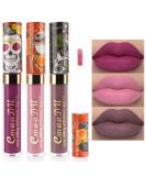 3Pcs Matte Liquid Lipsticks Set - Purple Nude Pink Dark Brown | Smudge Proof & Long Lasting | Waterproof Skull Face Lip Gloss Stain - 24 Hour Wear | Labial Mate Larga Duracion - Pack of 3 - Buy Online on GoSupps.com