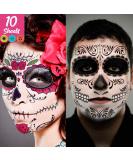 Day of the Dead Face Tattoo Kit with Skeleton Sugar Skull Makeup and Red Roses - Halloween Makeup Set for Dia de los Muertos - Temporary Glitter Skeleton Tattoos - Buy Online on GoSupps.com