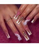 Light Luxury French Tips Press on Nails with Rhinestones | Glossy Glitter Coffin Length Acrylic Nails - Full Cover Stick-On Nails for Women & Girls - Buy Online on GoSupps.com