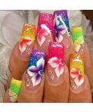 Shop Medium Coffin Press On Nails - Colorful Flower Designs Glossy Glitter Acrylic 24 Pcs Full Cover Nails for Women - International Shipping Available - Buy Online on GoSupps.com