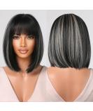 Testar 14-Inch Black & Gray Bob Wig for Women - Short Synthetic Wig with Ponytail & Highlights | Heat-Resistant Fiber for Daily & Party Use - Buy Online on GoSupps.com