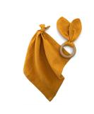 Organic Cotton Security Blanket & Bunny Ears Teething Ring Set for Babies | 100% Muslin Fabric & Wooden Teether in Yellow - Buy Online on GoSupps.com