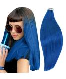 RUNATURE Blue Tape in Human Hair Extensions - 20 Inch Straight Colored Real Hair Glue Ins, 25g #Blue - Buy Online on GoSupps.com