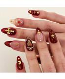Shop Medium Press on Nails - Almond Acrylic Nails with Gold Burgundy French Tips & 3D Charms - Perfect Glue on Nails for Women - Buy Online on GoSupps.com