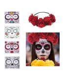 Day of The Dead Sugar Skull Face Temporary Tattoos Set with Flower Crown Headband - Perfect for Halloween Masquerade Party - Buy Online on GoSupps.com