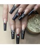 MISUD Long Coffin Press on Nails with Punk Designs - Black French Tip Ballerina Acrylic False Nails | 24 pcs Rhinestone Glossy Glue on Nails - Buy Online on GoSupps.com