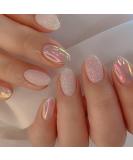 24Pcs Glossy Aurora Glitter Short Almond French Tips False Nails - Reusable Press On Nails with Glue Stickers for Women Girls - Nail Art Accessories - Buy Online on GoSupps.com