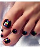 Aegenacess 28pcs Toenail Press on Summer Fake Toe Nails Press ons False Nail Tips Beach Short Pedicure Kit for Women and Girls (Black Mixed Dots) - Buy Online on GoSupps.com