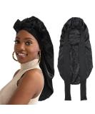 AWAYTR Long Satin Bonnet for Women - Double Layer Elastic Silk Bonnet for Braids Hair Sleeping Cap with Tie Band (Black) One Size Black - Buy Online on GoSupps.com