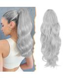 BARSDAR Long Wavy Grey Ponytail Extension 20'' - Synthetic Clip in Hairpiece for Women - Icy Silver Grey - Buy Online on GoSupps.com