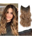 Invisible Wire Hair Extension Clip in Natural Wavy Synthetic Hair 20inch Ombre Caramelo with Dark Root - Adjustable Size, 2 Secure Clips - Long Curly Secret Hair Piece for Women - Buy Online on GoSupps.com