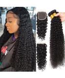 Water Wave Human Hair Bundles with Free Part Lace Closure - 10A Unprocessed Deep Curly Hair, Natural Color (24 26 28+22) - Wet and Wavy Bundles with 4x4 Closure - Buy Online on GoSupps.com