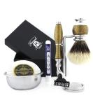 Haryali London 6Pc Men's Shaving Kit - 3 Edge Razor, Silver Tip Badger Hair Brush, Bowl, Stand, Soap and Alum - Perfect Set for Men - Gold Antique - Buy Online on GoSupps.com