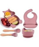 Hoseay Baby Weaning Set 5 in 1 | Silicone Suction Plate, Bowl, Spoon, Fork, Bibs | Pink Squirrel Design | Toddler Feeding Essentials - Buy Online on GoSupps.com