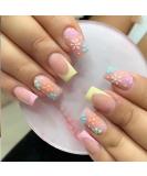 24pcs French Tip Short Pink Yellow False Nails with Flower Patterns - Women's Square Press on Nails - Removable Glue-on Fake Nails for Nail Art - 0266Y74 - Buy Online on GoSupps.com