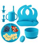 Baby Feeding Set - Silicone Bib, Suction Divided Bowl, Spoon, Fork - Toddler Utensils for Baby Led Weaning - Blue (6 Months) - Buy Online on GoSupps.com