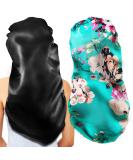 2Pcs XL Satin Bonnet Set for Sleeping | Soft & Comfortable Hair Bonnets for Women | Black+Indigo Pattern - Buy Online on GoSupps.com