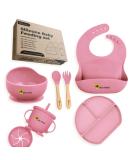Eco-Friendly BPA-Free Baby Feeding Set | 7pcs Silicone Suction Bowl, Plate, Cup, Bib, Spoon, Fork | Toddler Gift Set | Adjustable Bib | 2X Cup Lids | Wooden Handle | Pink - Buy Online on GoSupps.com