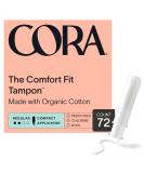 Cora Organic Applicator Tampons | Regular Absorbency | 100% Cotton Core, Unscented, BPA-Free Compact Applicator | Leak Protection, Easy Insertion, Non-Toxic | 72 Count - Buy Online on GoSupps.com