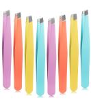 16 Pc Stainless Steel Slanted Tweezers Set for Eyebrows & Ingrown Hair - Orange, Purple, Blue, Yellow - Buy Online on GoSupps.com