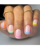 24Pcs Short French False Nails with Colorful Edge Design - Square Fake Nails for Women - Multicoloured Cute Nail Set with Glue - Buy Online on GoSupps.com