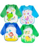 Vicloon 4 Pcs Baby Waterproof Sleeved Bibs - Unisex Feeding Apron for Infant/Toddler 6 Months to 3 Years - Blue/Green - Buy Online on GoSupps.com