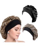 AliLeader 2Pcs Silk Hair Bonnet for Sleeping - Black+Leopard | Soft Satin Sleep Cap for Curly Hair - Buy Online on GoSupps.com