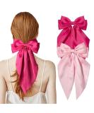 2Pcs Big Hair bow Hair Bows for Women Bow Hair Clip Elegant Solid Color French Barrette Bows For Hair With Long Silky Satin Hair Barrettes Accessories Bow Hair Clips for Women Girls(Pink+ Hot-pink) - Buy Online on GoSupps.com