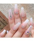 Pink Glitter Gradient Medium Ballerina Press on Nails with Crystal Gem Design - 24Pcs Luxurious False Nails Set for Women & Girls - Buy Online on GoSupps.com