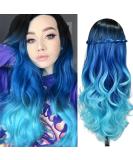 HANNE Long Hair Body Wave Ombre Bluish Teal Blue Wig | 3 Tone Colors | Heat Resistant Synthetic Hair | Navy Blue Wig for Black and White Women - Buy Online on GoSupps.com