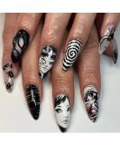 24 Pcs Medium Stiletto Almond Press on Nails - Black & White Punk Design Glue on Acrylic Full Cover - Gothic Anime Cartoon False Nails for Women & Girls - Buy Online on GoSupps.com