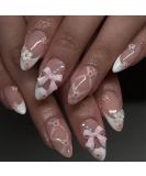 3D Pink Bow Press on Nails | Medium Almond Shape | 24 Pcs White French Tip False Nails with Flowers & Pearls | Full Cover Stick-On Acrylic Nails for Women - Buy Online on GoSupps.com