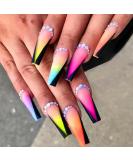 QINGGE Colorful Gradient Rhinestone Press On Nails - 24Pcs Long Coffin Fake Nails for Women - Buy Online on GoSupps.com
