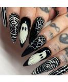 Spooky Halloween Press On Nails Long Pointed Fake Nails with Black & White Stripe Spider Web Design | 24pcs Glossy Reusable Nail Art for Women - Buy Online on GoSupps.com