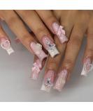 24pcs Long Square Press on Nails - French Tip Acrylic Nails with 3D Bow Heart and Pearls | Glossy Pink Full Cover Glue-on Nails for Women & Girls - Buy Online on GoSupps.com