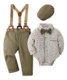 Amissz Baby Boy Gentleman Suit 3pcs Set | Formal Tuxedo Romper + Suspender Pants + Beret Hat | 6-12 Months Green - Buy Online on GoSupps.com