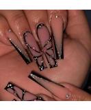 Buy Long Coffin Black Glossy Press on Nails - Rhinestone Butterfly Designs | Extra Long Square Acrylic False Nails for Women - Buy Online on GoSupps.com