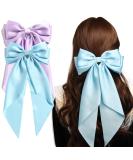 2 Pcs Big Hair bow Hair Bows for Women Bow Hair Clip Elegant Solid Color French Barrette Bows For Hair With Long Silky Satin Hair Barrettes Accessories Bow Hair Clips for Women Girls (Blue+Lilac) - Buy Online on GoSupps.com