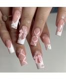 White French Tip Press on Nails - Medium Long Acrylic Fake Nails with 3D Bow Pearls & Flower Charms - Full Cover Glossy Stick on Nails for Women | 24 Pcs - Buy Online on GoSupps.com