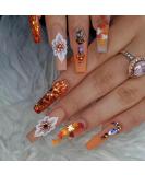Coffin Press on Nails - Long Orange Glitter Acrylic Nails with Maple Leaves & Diamond Charms | 24Pcs Fall False Nails for Women - Buy Online on GoSupps.com