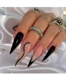 Extra Long Black French Tip Stiletto Press-On Nails | Glitter Wavy Lines | Reusable Acrylic Fake Nails for DIY Manicure - Buy Online on GoSupps.com