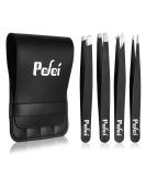 Pefei Tweezers Set - Professional Stainless Steel Tweezers for Eyebrows - Great Precision for Facial Hair, Splinter and Ingrown Hair Removal (Black)