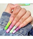 BABALAL Long Pink Green Flame Press on Nails with Nail Glue - 24pcs Ballerina Acrylic False Nails for Women and Girls - Buy Online on GoSupps.com