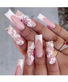 French Long Coffin False Nails - 24Pcs Pink with Flower Glitter | Press On Nails for Women | Glue-On Ballerina Nail Tips - Buy Online on GoSupps.com