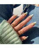 Spring Nails: White French Tip Press-On Medium Almond Shape with Camellia Green Flower | 24 Full Cover Natural Nude Fake Nails for Women - Buy Online on GoSupps.com