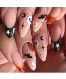 Buy Halloween French Tip Press on Nails - Medium Almond Glossy Nude with Pumpkin Ghost Bat Designs | 24Pcs Cute Spooky Stick on Nails for Women & Girls - Buy Online on GoSupps.com