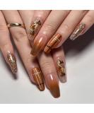 Fall Press on Coffin Nails | Medium Length Acrylic | Maple Leaves Gradient Brown Glitter | Glossy Artificial Nails for Women & Girls - Buy Online on GoSupps.com